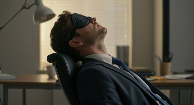 Tired businessman resting in office chair wearing sleep mask, workplace fatigue concept with soft indoor lighting and calm mood
