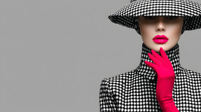 Fashion Model Woman Houndstooth Hat Outfit Red Glove Pink Lip Gray Background Elegant