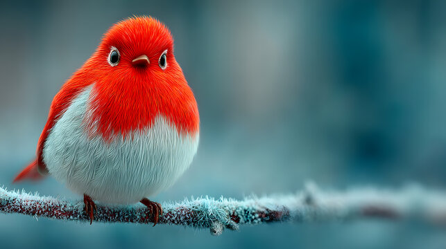 Cute Fluffy Red White Robin Bird Frosted Branch Teal Background Winter Wildlife Art