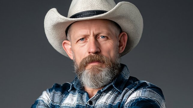 Mature Caucasian man with a gray beard wearing a cowboy hat and plaid shirt poses confidently against a neutral gray background