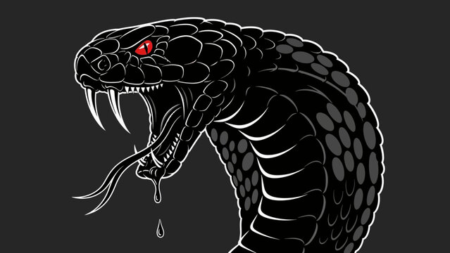 Aggressive Black Cobra Snake with Fangs and Red Eyes, Dripping Venom, Dark Background