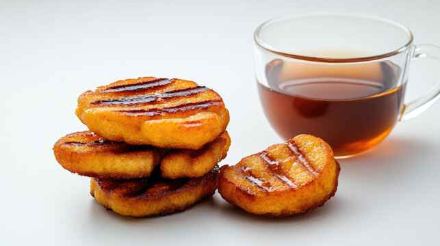 Golden grilled polenta cakes with char marks stacked on a white plate, drizzled with glossy chili honey, paired with a steaming cup of herbal tea for cozy brunchs