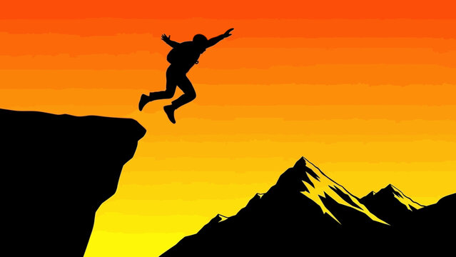 Silhouette of a person jumping off a cliff at sunset, symbolizing adventure and freedom.