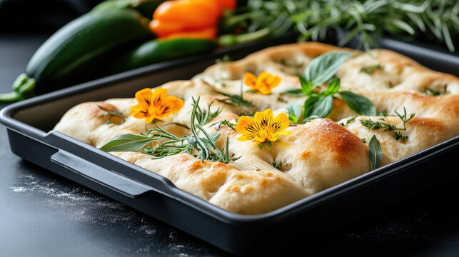 Focaccia bread creating a beautiful garden edible art with colorful flowers and fresh herbs, baked on a sheet pan, showcasing home baking and culinary creativity