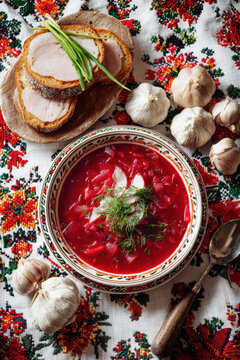 Traditional Ukrainian Borscht Soup with Bread and Fresh Ingredients. AI generative.