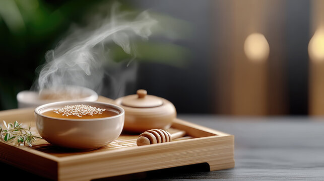 Warm honey or a Moroccan msemen dessert, topped with toasted sesame seeds and releasing steam, offering a comforting and inviting sweet flavorful experience