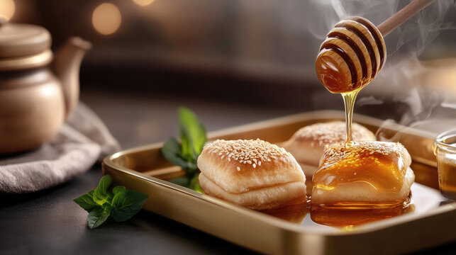 Steaming Moroccan msemen pastries, topped with sesame seeds and fresh herbs, receiving a glossy drizzle of warm honey from a wooden dipper, presented in a rustic wooden tray