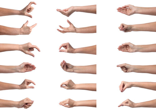 People holding something on white background, closeup. Collection of hand gestures