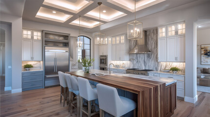 Fototapeta premium A luxurious kitchen featuring a large island with seating and modern appliances and lighting fixtures