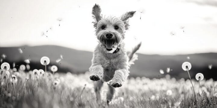 A Joyful Dog Happily Running Through a Beautiful Field Filled with Bright Dandelions
