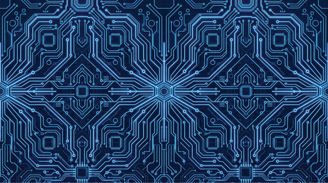 Blue circuit board pattern with intricate electronic design elements on a dark background