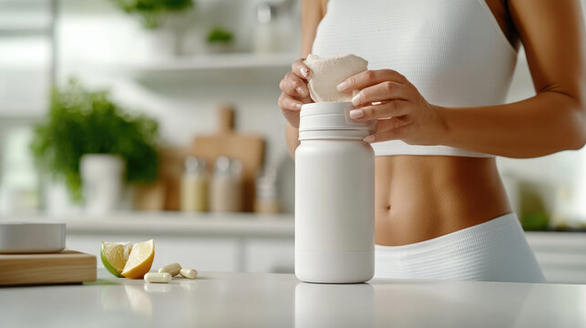Woman preparing a longevity drink, adding collagen powder and adaptogens to a functional beverage container, promoting health, wellness, and a balanced lifestyle