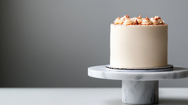 Cream colored cake with piped icing rosettes and chocolate shards on its top edge sits on a white marble pedestal, prepared for a celebration or special occasion
