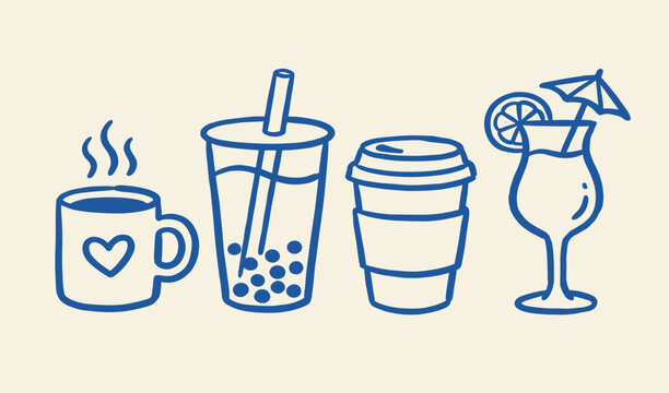 Set of hand drawn beverage icons featuring coffee tea boba and tropical cocktails