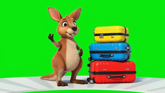 Charming Cartoon Kangaroo Character Waves Friendly Greeting Beside Stack Of Colorful Luggage Bags Ready For Vacation Adventures