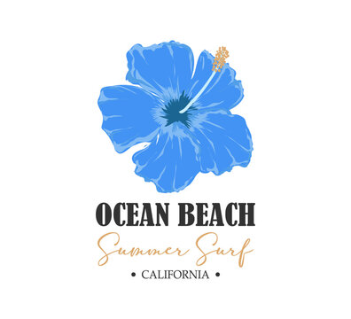 Decorative ocean beach slogan with blue hibiscus flower, vector for fashion, card, poster designs, summer and paradise concept, beach and tropical flowers