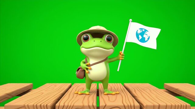 Charming 3D Render Of A Cartoon Frog Explorer Wearing A Safari Hat And Holding A Flag With Earth Symbol Isolated On Green Screen
