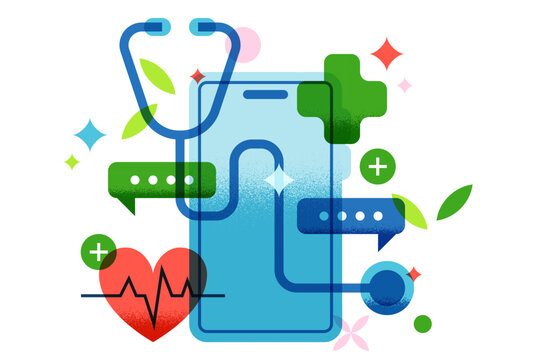 Online medicine, telemedicine and digital health vector concept. Smartphone with stethoscope, heart, chat bubbles.