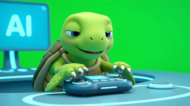 Cute cartoon baby turtle character with big blue eyes and green shell typing on a futuristic computer keyboard with glowing blue