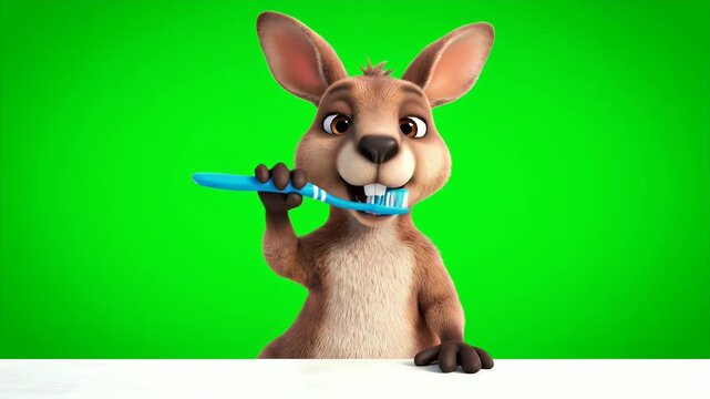 A Cute Animated Kangaroo Brushing Its Teeth With a Blue Toothbrush on a Green Screen Background Symbolizing Dental Hygiene and
