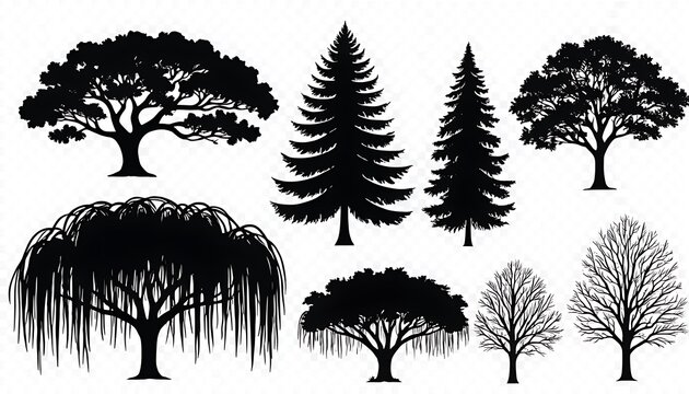 Black silhouettes of various tree types.