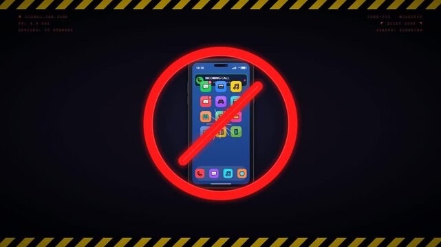 No phone prohibition sign with red warning symbol and smartphone icon on dark background