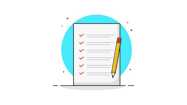 Animated Checklist with Pencil and Red Checkmarks for Task Completion, To Do List and Productivity Concept