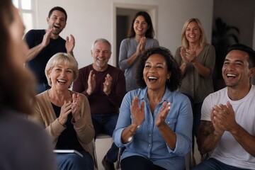 Obraz premium A diverse group of people sitting and clapping during a presentation or meeting. The atmosphere is joyful and supportive. Ideal for business teamwork, community support, or education concepts.