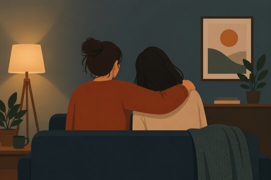 Two women sit on a sofa, one comforting the other with an arm around her shoulder. Dimly lit room creates a cozy and supportive atmosphere. Ideal for mental health or friendship content.