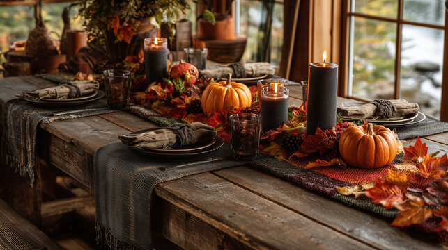 A rustic autumn table setting with pumpkins candles and fall foliage decoration indoors near a window