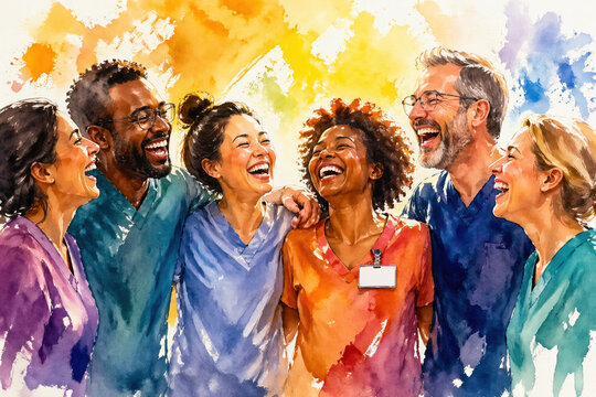 A diverse group of healthcare workers in colorful scrubs laughing together. This watercolor illustration conveys unity, joy, and teamwork. Ideal for medical brochures or staff appreciation.
