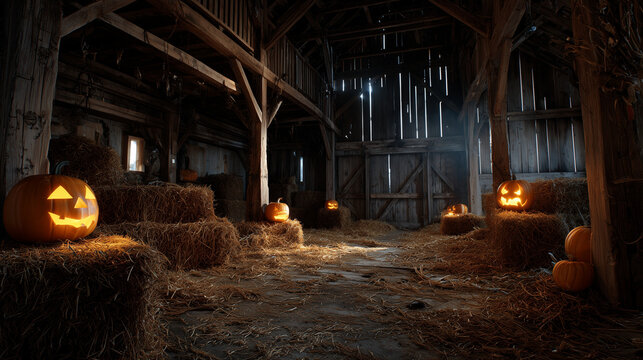 Illuminated jack o lanterns on hay bales inside a rustic barn creating a halloween atmosphere