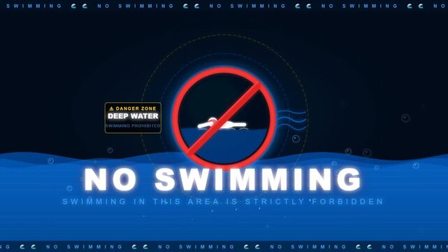 No swimming prohibition sign with red warning symbol and swimmer icon on water background