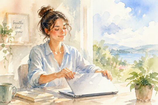 A young woman closes her laptop at a sunlit desk overlooking a lake. She looks peaceful after finishing her work for the day. Perfect for wellness, remote work, or mental health content.