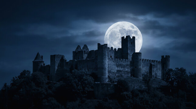 Dark medieval castle ruins stand on a hill under a large full moon in a cloudy night sky, creating a spooky atmosphere.