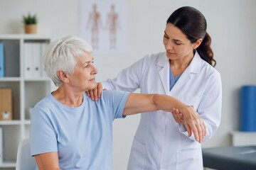 Obraz premium A female doctor performs a physical examination on an elderly woman's arm. The scene conveys professional care and rehabilitation. Ideal for healthcare, aging, and physical therapy content.