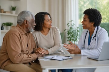 Fototapeta premium Female African American doctor consulting with an elderly couple. They discuss medical results in a bright clinic. Suitable for healthcare, geriatric care, and insurance advertisements.