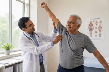 Obraz premium An Indian doctor examines a senior man's shoulder during a physical therapy session. The scene highlights professional healthcare and rehabilitation. Ideal for medical or wellness content.
