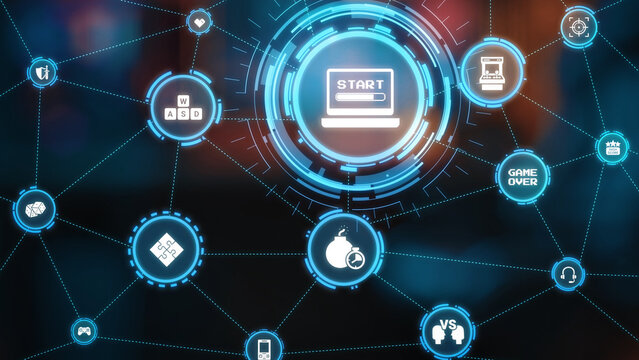 Gaming icons show online gaming, game streaming, and interactive play. Gaming supports esports, game community, and digital gaming experience. Gist