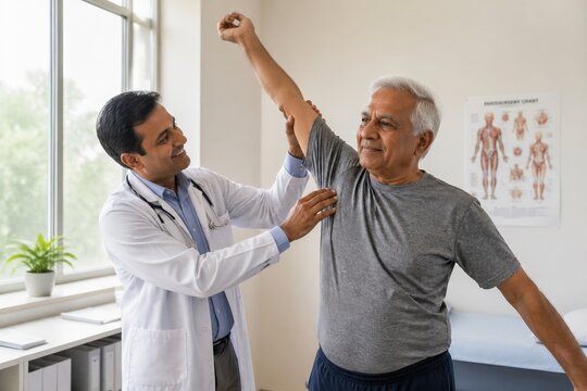 An Indian doctor examines a senior man's shoulder during a physical therapy session. The scene highlights professional healthcare and rehabilitation. Ideal for medical or wellness content.