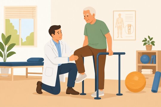 A male physiotherapist helps an elderly man exercise using parallel bars in a clinic. Professional medical care and rehabilitation for seniors. Ideal for healthcare and wellness content.