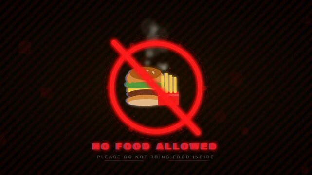 No food allowed prohibition sign with red warning symbol and meal icon on dark background