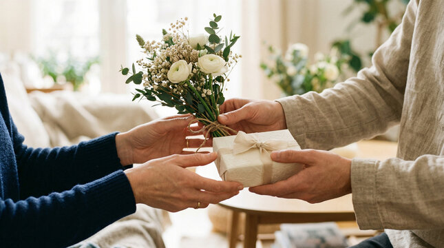 Woman receiving gift and flowers hands close up warm lifestyle moment