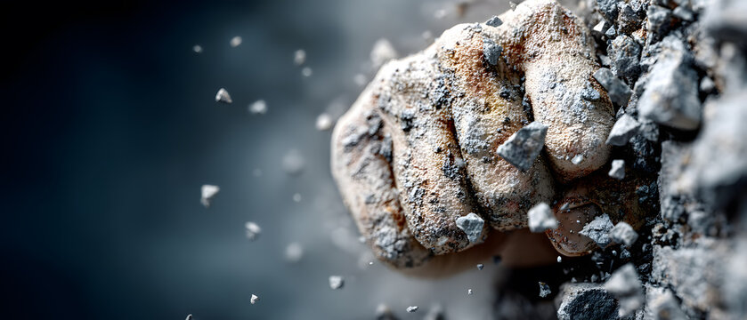 Powerful Stone Rock Fist Punching Through Concrete Wall with Flying Debris Blue Background