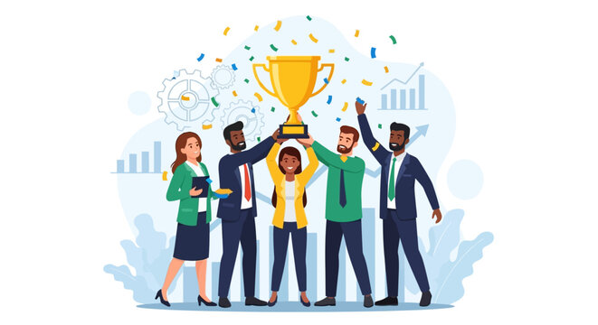 Successful Business Team Celebrating Victory with a Golden Trophy and Falling Confetti on a White Background