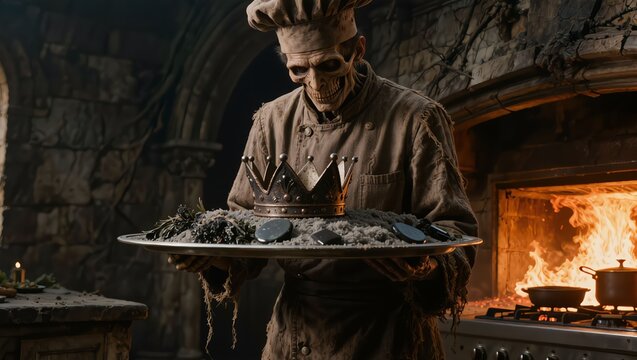 Surreal decaying chef serving a blackened iron crown on a silver platter.