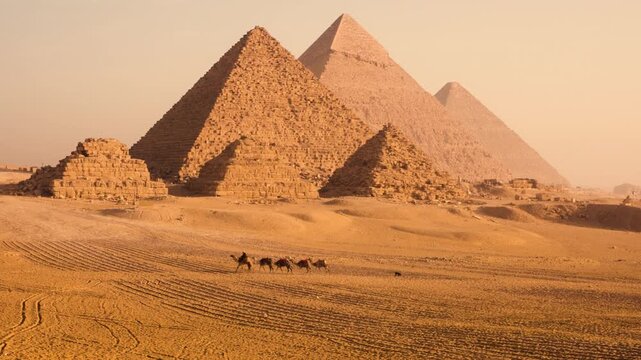 Group camels and their owners on desert plateau with Pyramids of Giza in soft morning light, Egypt. A group camels with their owners walks across sandy desert plateau near Pyramids of Giza at sunrise