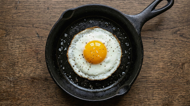Single fried egg with black pepper in a cast iron skillet on a rustic wooden table surface.