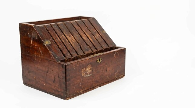 Antique wooden butter churn on white background, vintage kitchenware