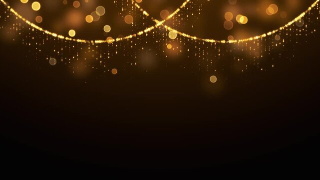 golden shiny and glittering particles strings and bokeh lights animation, abstract luxury christmas and new year social media motion background